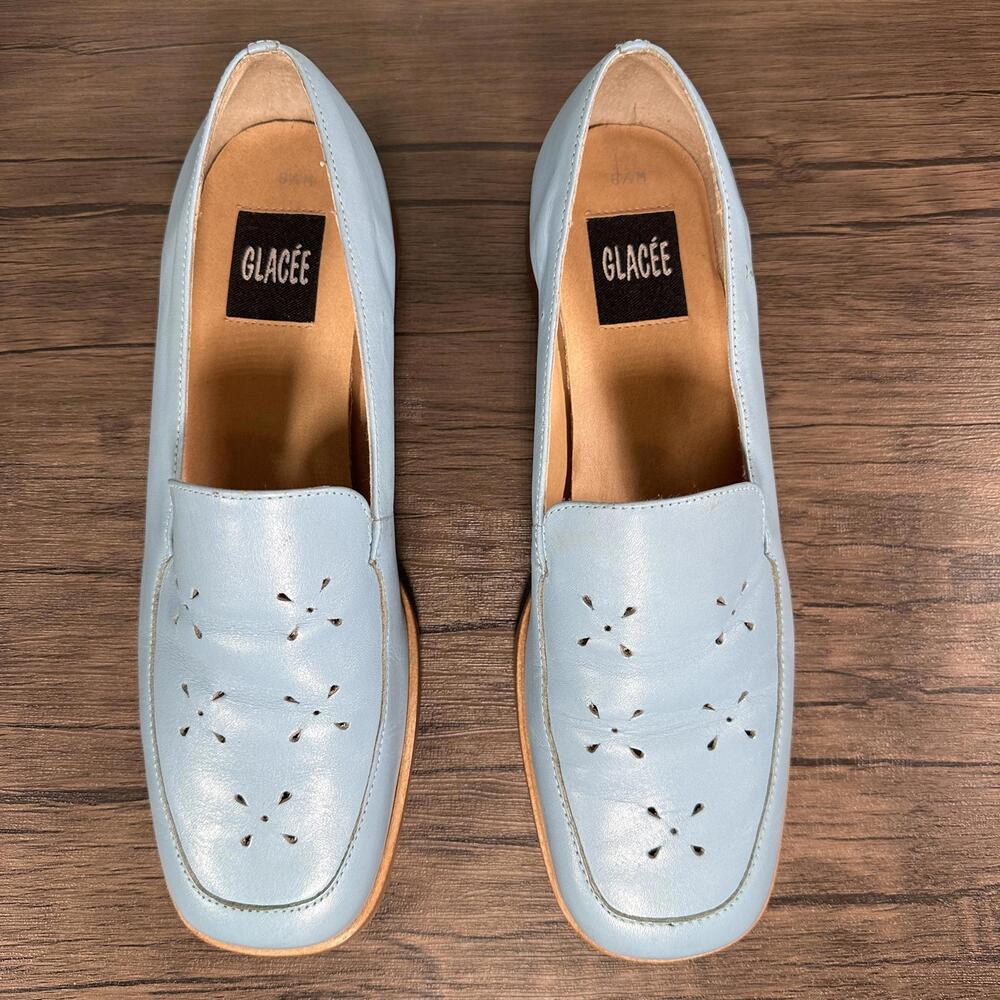 GLACÉE Light Blue Leather Loafers Women's 8.5 Slip On Comfort Wood Heel Shoes